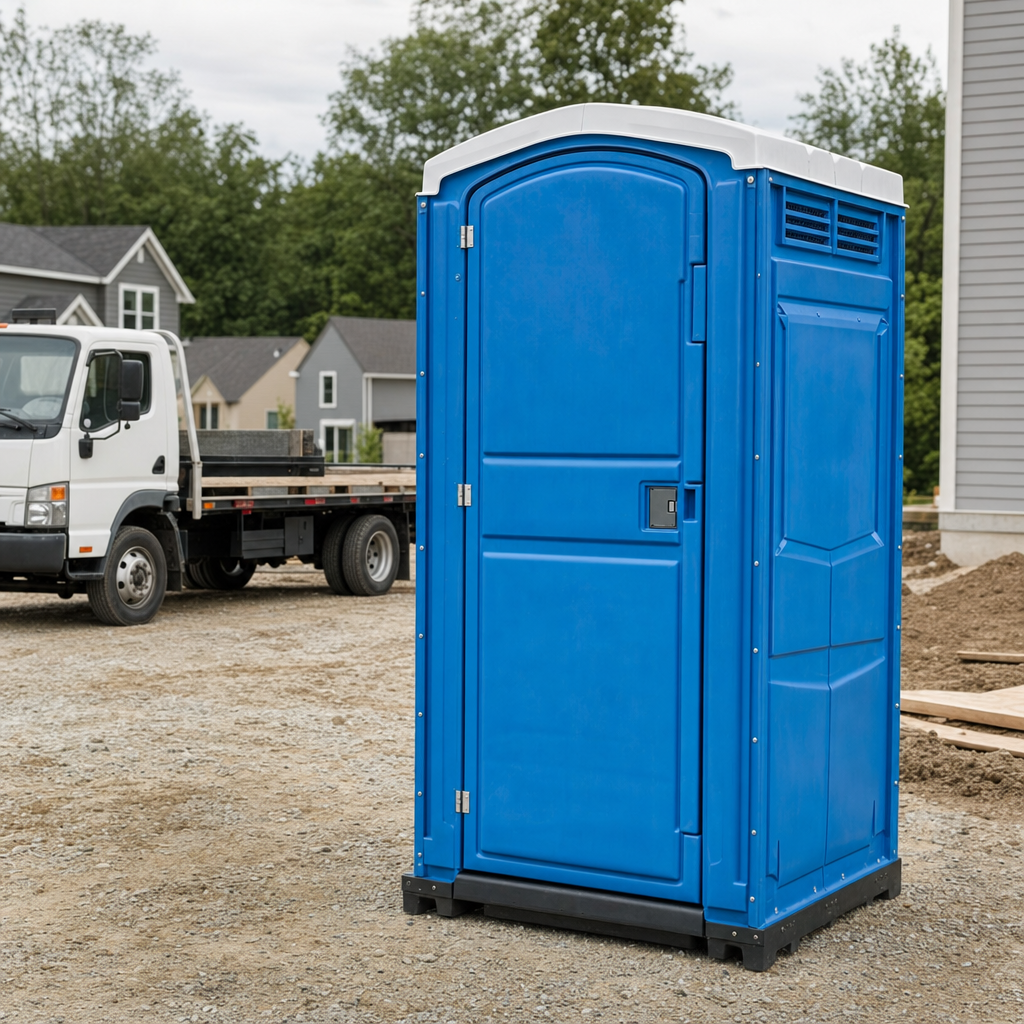 Delivery driver positioning a clean royal-blue portable toilet on level ground at a Freehold worksite