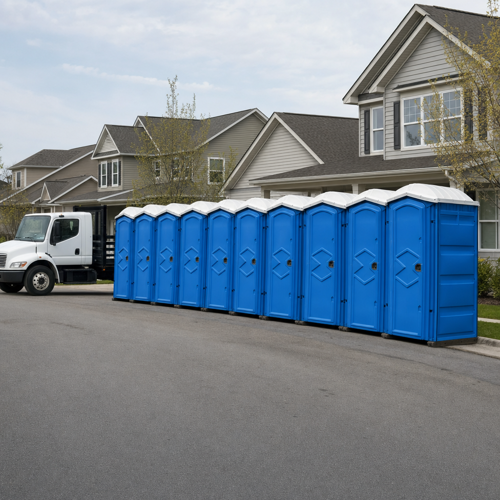 Royal blue portable toilets staged in a tidy row at a Freehold jobsite, ready for delivery